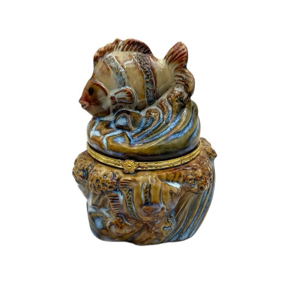 Vintage Hinged Trinket Box Ceramic‎ Pottery Fish Brown Blue Metal Rim EUC